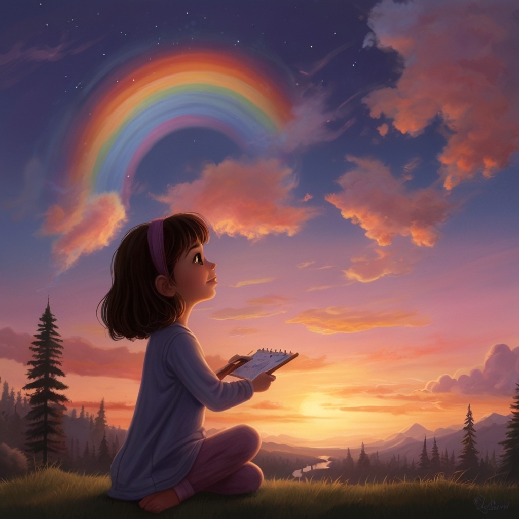 The Sky Painter’s Secret | Imagination Stories 3 Mia painting the sky with violet and rose colors, while accidentally creating a rainbow at twilight.