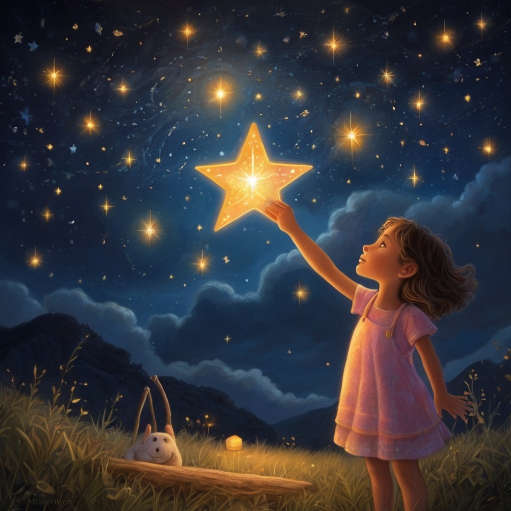 The Sky Painter’s Secret | Imagination Stories 4 The Sky Painter handing Mia a glowing star while the sky twinkles with fresh starlight.