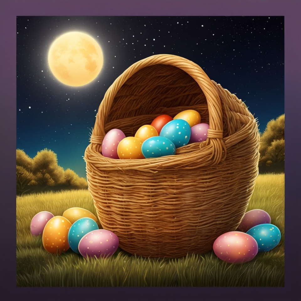 The Easter Egg That Found Its Way Home | Easter Stories 1 A shiny golden Easter egg (Sunny) rolling away from a colorful basket under a moonlit sky.