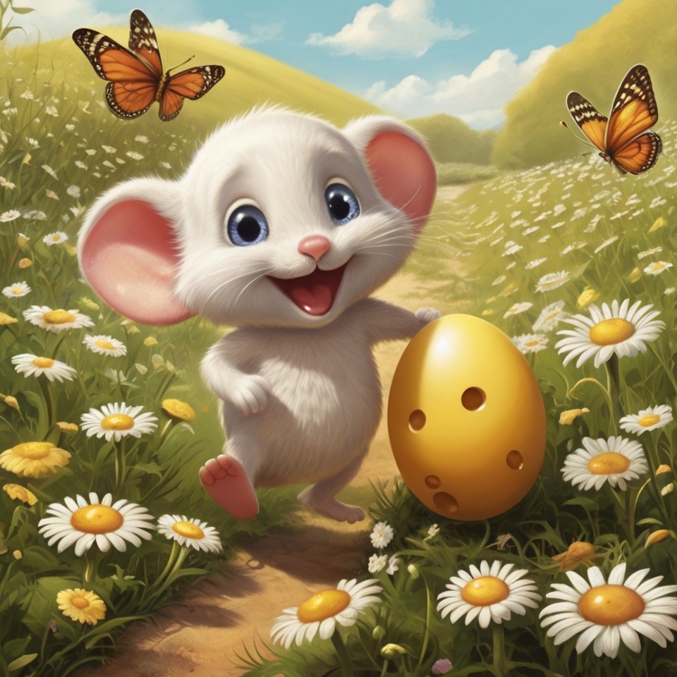 The Easter Egg That Found Its Way Home | Easter Stories 2 Sunny the egg and Pip the mouse walking through a bright meadow filled with daisies and butterflies.
