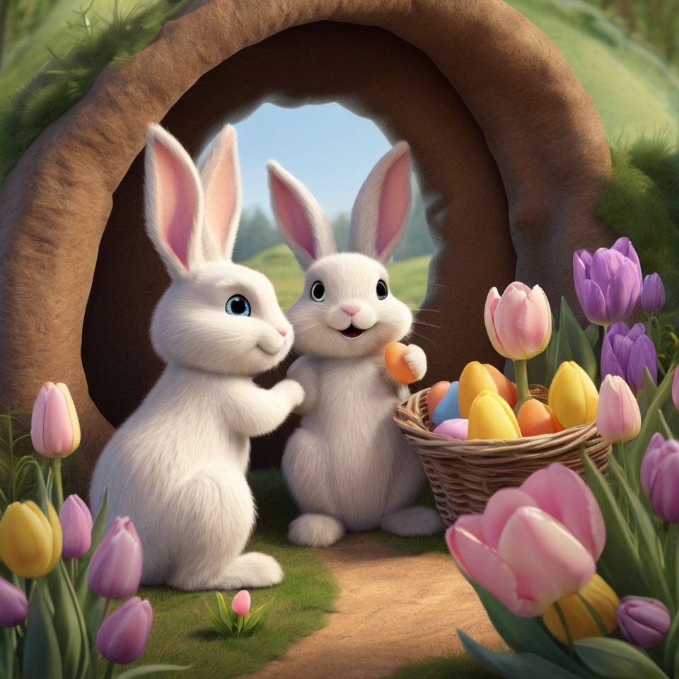 The Easter Egg That Found Its Way Home | Easter Stories 4 The Easter Bunny welcoming Sunny and Pip into a cozy burrow surrounded by pastel tulips and glowing baskets.