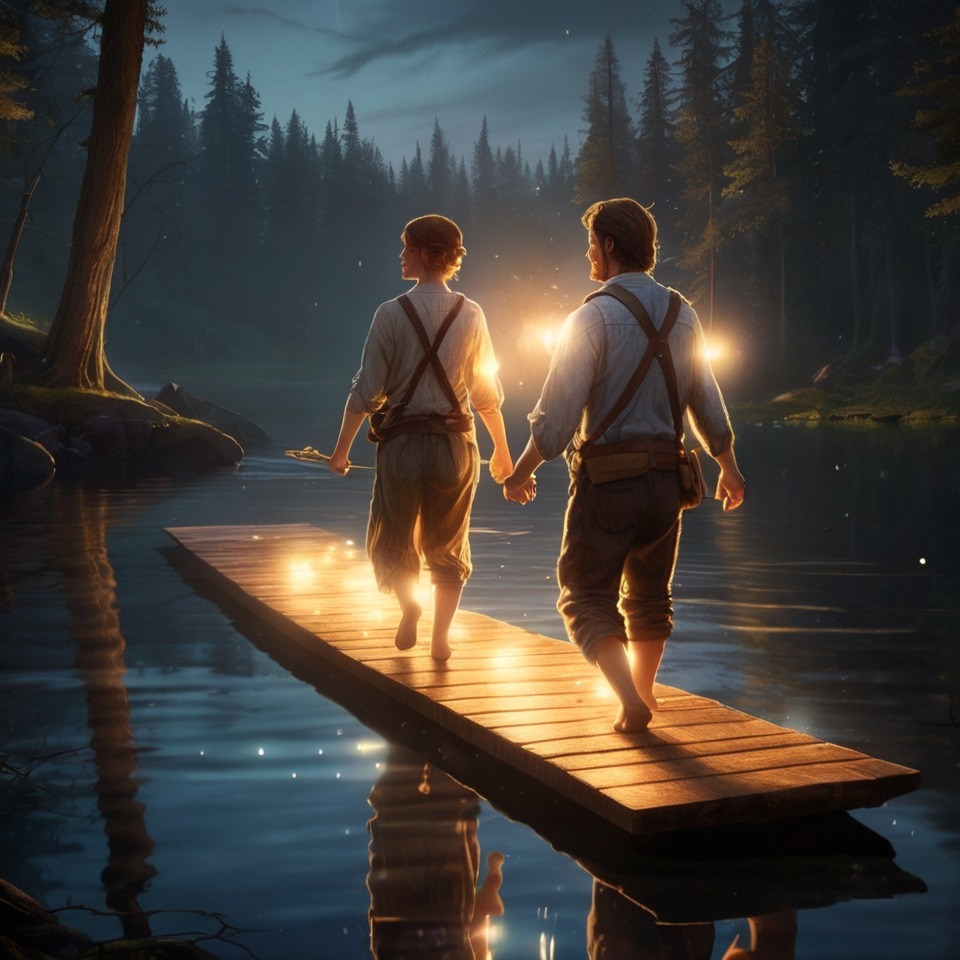 The Easter Egg That Found Its Way Home | Easter Stories 3 The duo crossing a sparkling river on a wooden plank with glowing reflections.